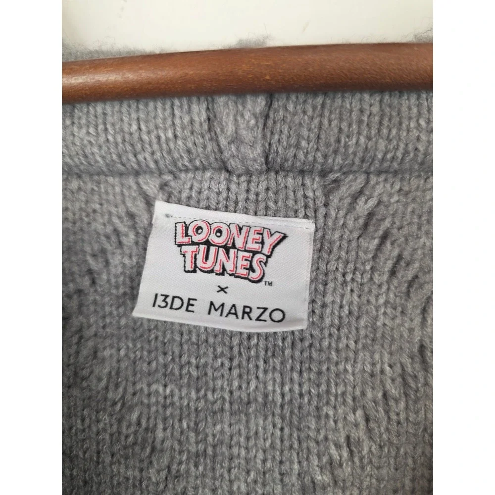 13DE MARZO Looney Tunes Daffy Duck Grey‎ Knit Hooded Cardigan Sweater Mens Med - Picture 11 of 12